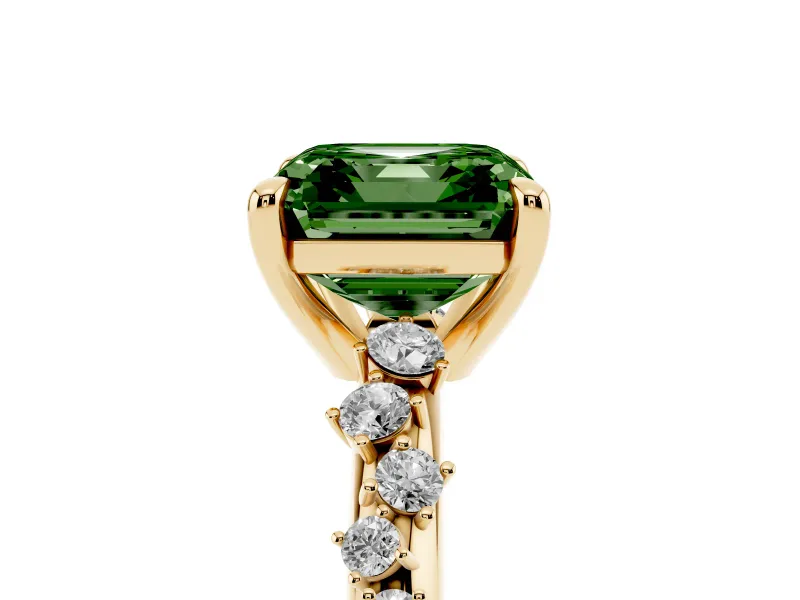 Fancy Green Asscher Cut Diamond Solitaire Vine Band Ring Set in Yellow gold with Round Accents and Prong Setting