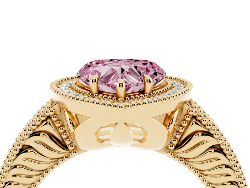 Fancy Pink Heart Cut Diamond Halo Ring Set in Yellow gold with Round Accent Halo, Pavé Band and Prong Setting