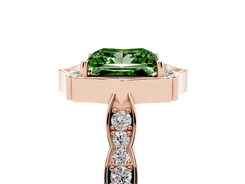 Princess Cut Vintage Scalloped Halo Engagement Ring Setting for a Fancy Green Lab-Grown Diamond | Pave Band | Rose Gold