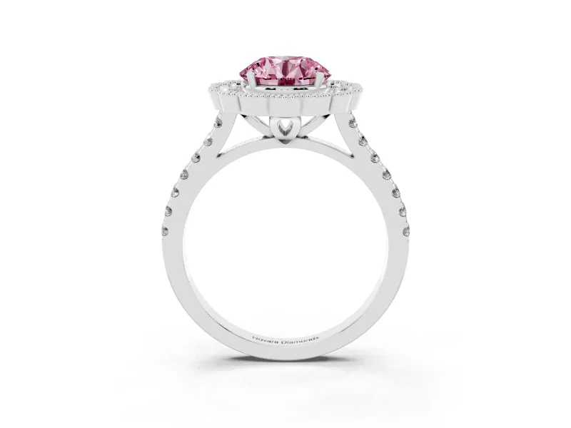 Fancy Pink Round Cut Diamond Milgrain Floral Halo Engagement Ring Set in Silver with Pavé Band