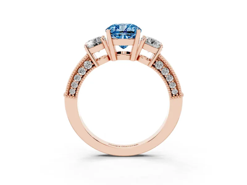 Cushion Cut Three Stone Engagement Ring Setting for a Fancy Blue Lab-Grown Diamond | Graduated Pave Band | Rose Gold