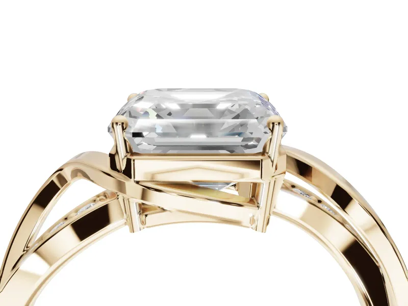 Asscher Cut Bypass Solitaire Engagement Ring Setting | Pavé and Plain Strands | Yellow Gold