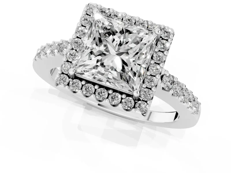 Princess Cut Diamond Halo Pavé Solitaire Ring Set in Silver with Prong-Set Center Stone