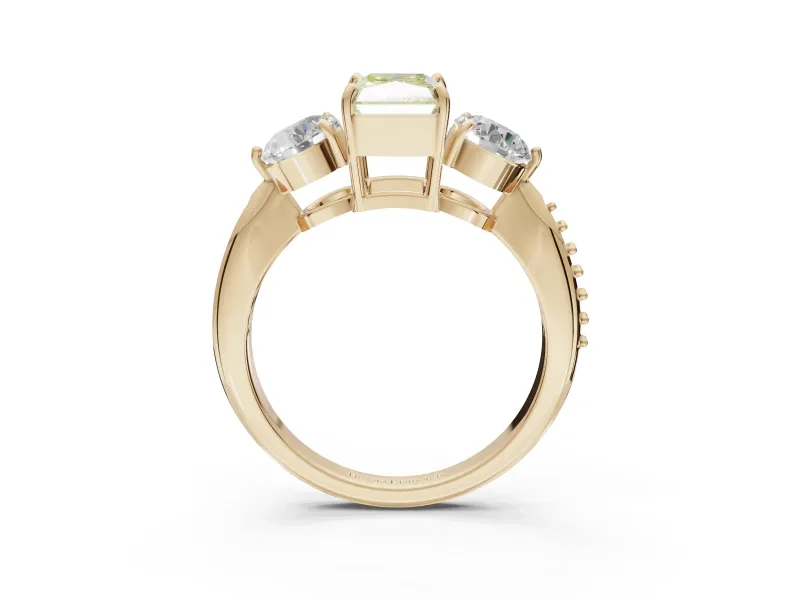 Radiant Cut Three Stone Engagement Ring Setting for a Fancy Yellow Lab-Grown Diamond | Tapered Pave Band | Yellow Gold