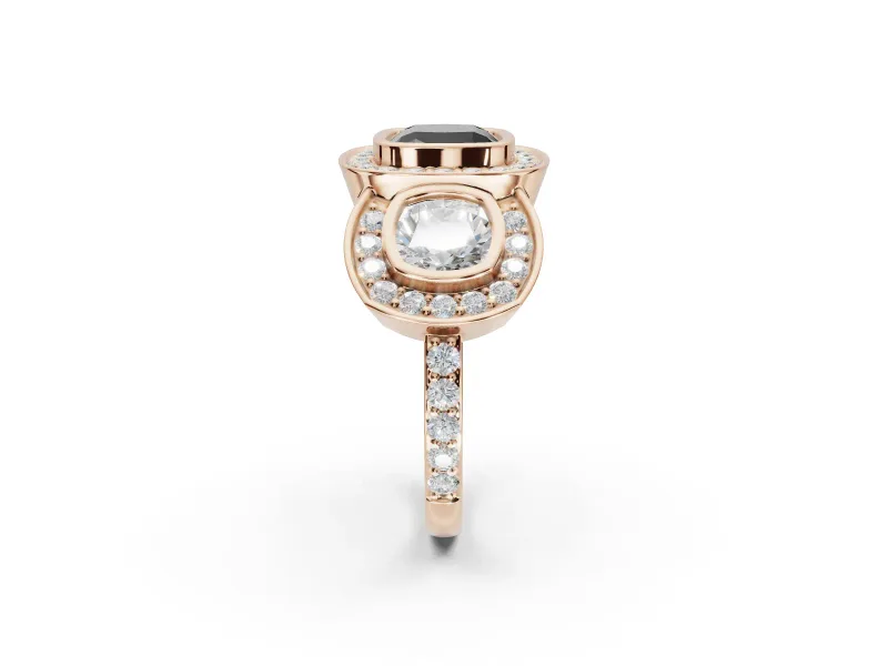 Cushion Cut Three Stone Halo Engagement Ring Setting for a Black Center | Bezel Set | Rose Gold