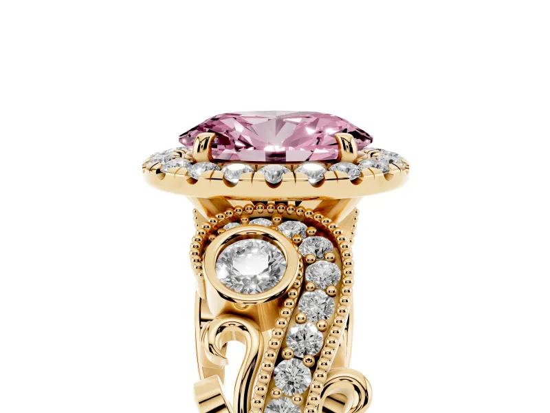 Fancy Pink Oval Cut Diamond Halo Ring Set in Yellow gold with Milgrain Pavé Band and Prong Setting