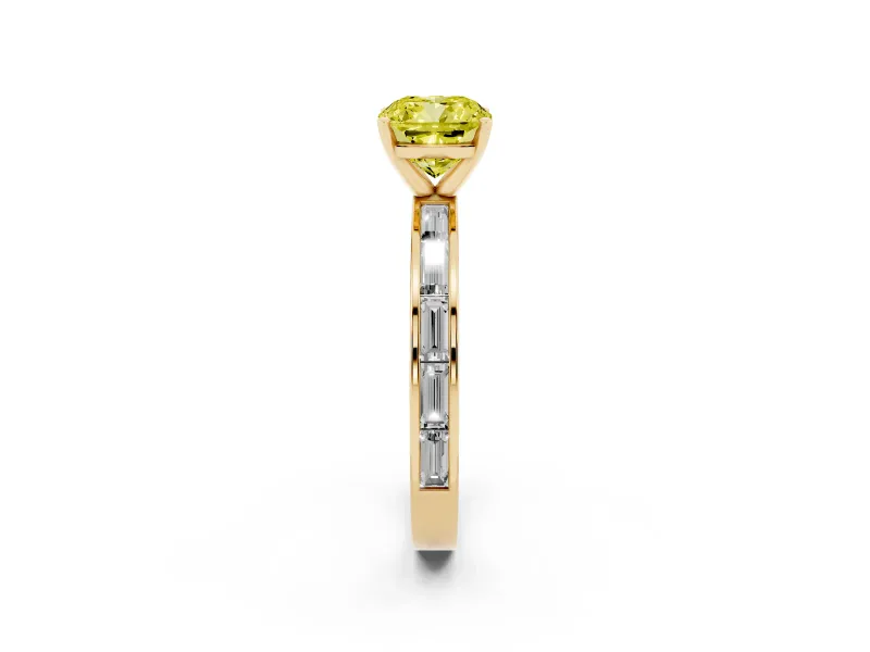 Fancy Yellow Cushion Cut Diamond Solitaire Ring Set in Yellow gold with Channel-Set Baguette Band and Prong Setting