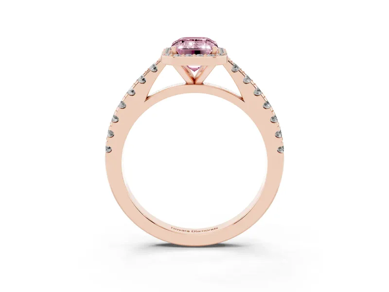Fancy Pink Emerald Cut Diamond Halo Engagement Ring Set in Rose gold with Pavé Band and Prong Setting