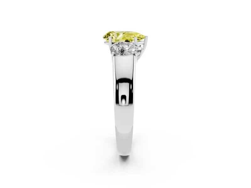 Fancy Yellow Three-Stone Pear Cut Diamond Ring Set in Platinum with Matching Prong Settings and Plain Band