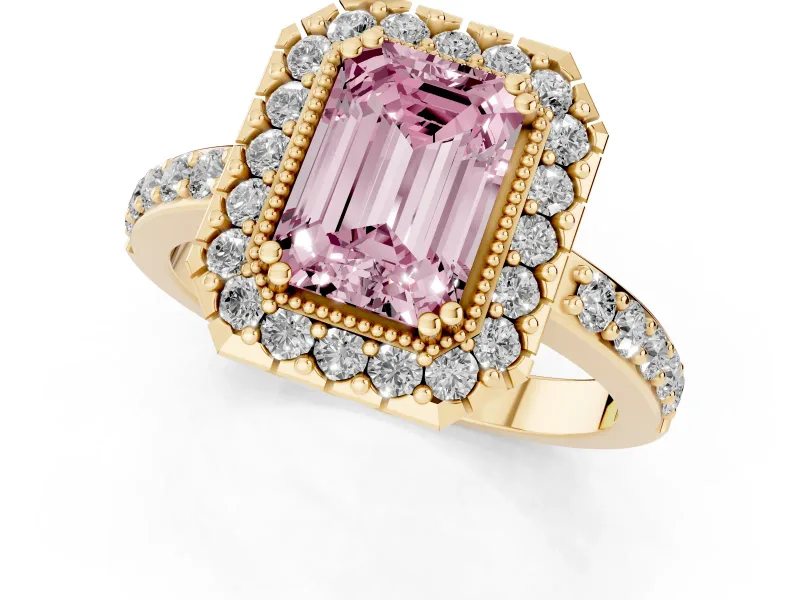 Emerald Cut Milgrain Halo Engagement Ring Setting for a Fancy Pink Lab-Grown Diamond | Pavé Shoulders | Yellow Gold