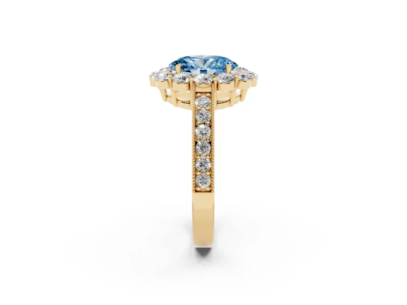 Oval Vintage Halo Engagement Ring Setting for a Fancy Blue Lab-Grown Diamond | Yellow Gold
