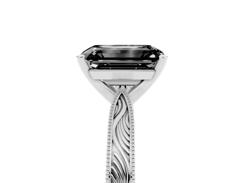 Fancy Black Emerald Cut Diamond Solitaire Milgrain Engraved Band Set in Silver with Prong Setting