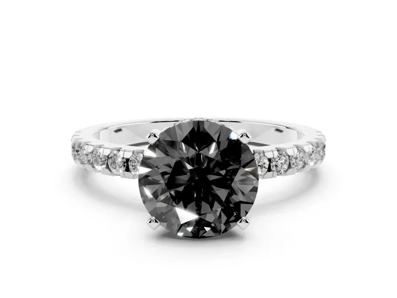 Fancy Black Round Cut Diamond Pavé Solitaire Ring Set in Platinum with Round Band Accents and Prong Setting