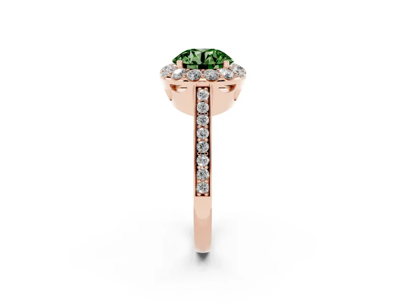 Fancy Green Round Cut Diamond Floral Halo Ring Set in Rose gold with Pavé Band and Prong Setting
