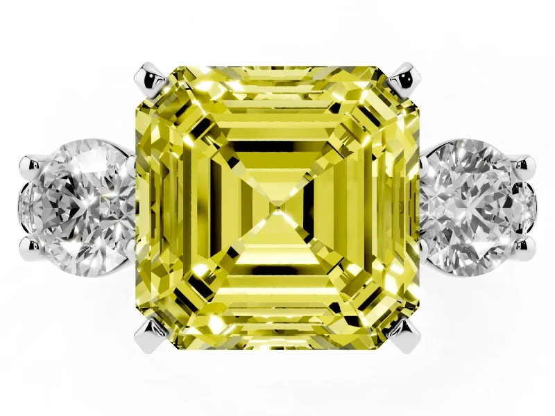 Asscher Cut Three-Stone Engagement Ring Setting for a Fancy Yellow Lab-Grown Diamond | Platinum