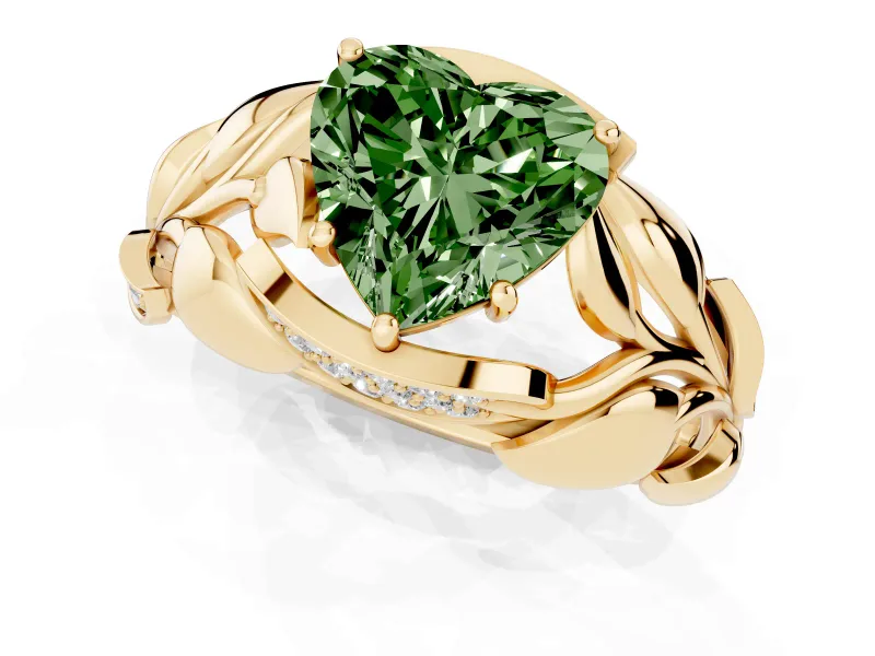 Heart-Shaped Leaf Bypass Engagement Ring Setting for a Fancy Green Lab-Grown Diamond | Yellow Gold
