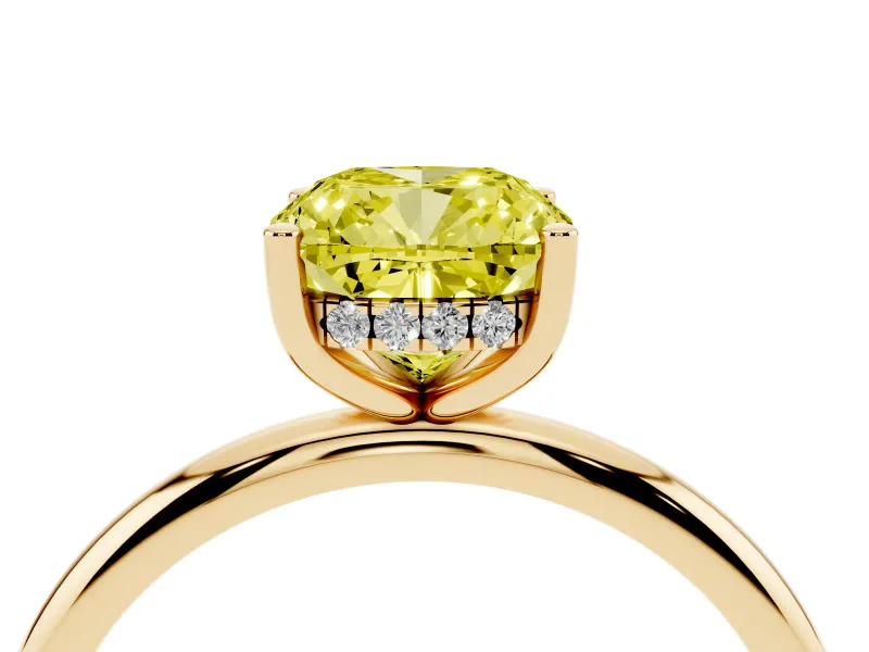 Fancy Yellow Cushion Cut Diamond Solitaire Engagement Ring Set in Yellow gold with Prong Setting and Polished Band