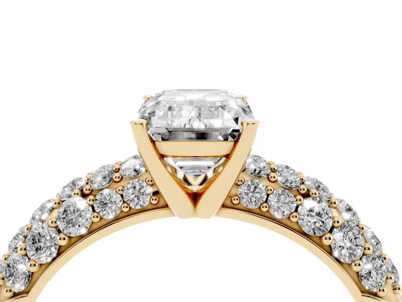 Emerald Cut Multi Row Pave Solitaire Engagement Ring Setting | Domed Shoulders | Yellow Gold