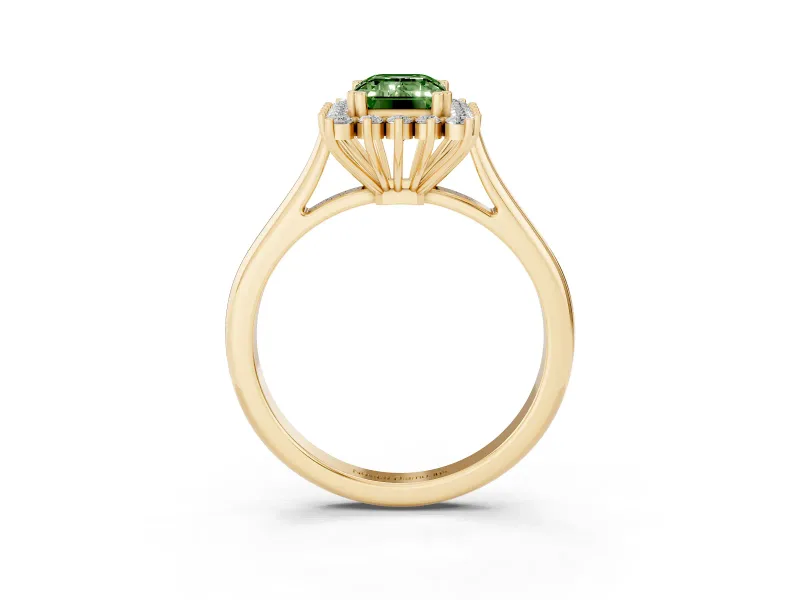 Fancy Green Emerald Cut Diamond Halo Ring Set in Yellow gold with Plain Solitaire Band and Prong Setting