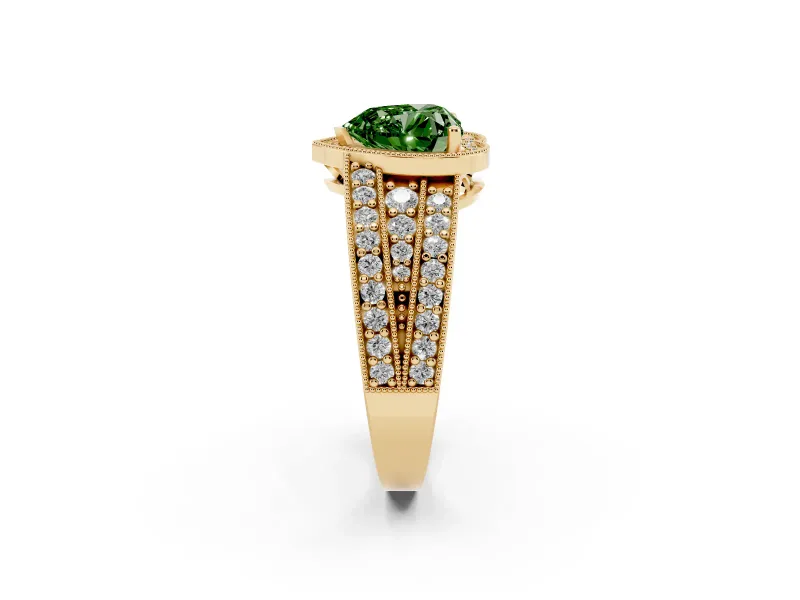 Fancy Green Heart Cut Diamond Halo Ring Set in Yellow gold with Accent Split Shank and Prong Setting
