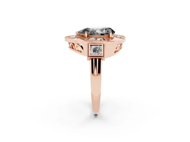 Pear-Shaped Milgrain Sectioned Halo Engagement Ring Setting for a Black Center | Rose Gold
