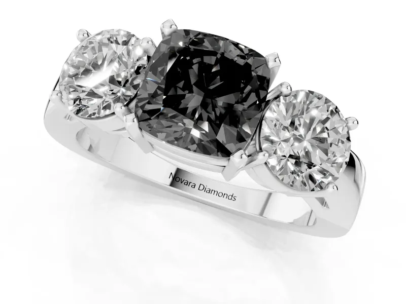 Cushion Cut Three Stone Engagement Ring Setting for a Black Center | Round Side Stones | Sterling Silver