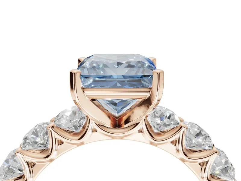 Princess Cut Side Stone Engagement Ring Setting for a Fancy Blue Lab-Grown Diamond | Scalloped Prong Accents | Rose Gold