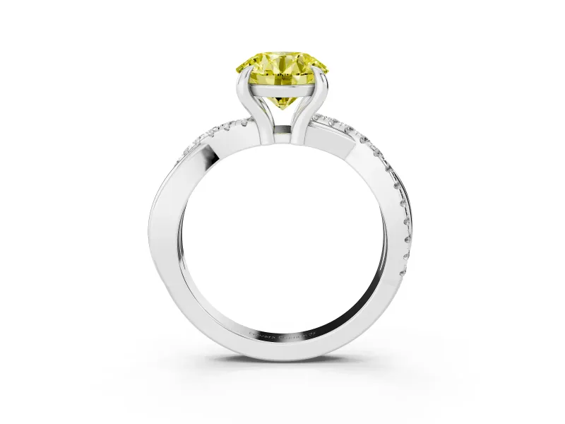 Fancy Yellow Round Cut Diamond Twist Band Solitaire Set in Silver with Pavé Accents and Prong Setting