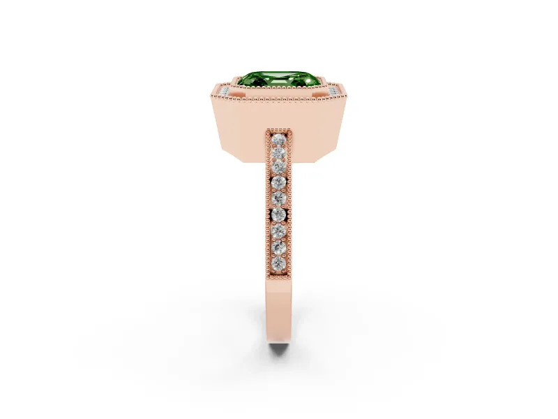Fancy Green Asscher Cut Diamond Halo Ring Set in Rose gold with Pavé Band and Milgrain-Edged Prongs