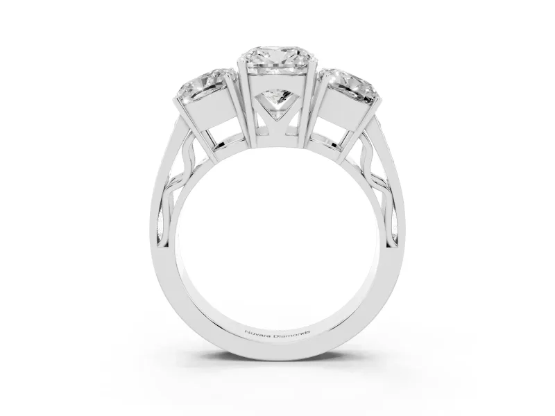 Cushion Cut Diamond Three-Stone Ring Set in White gold with Textured Band