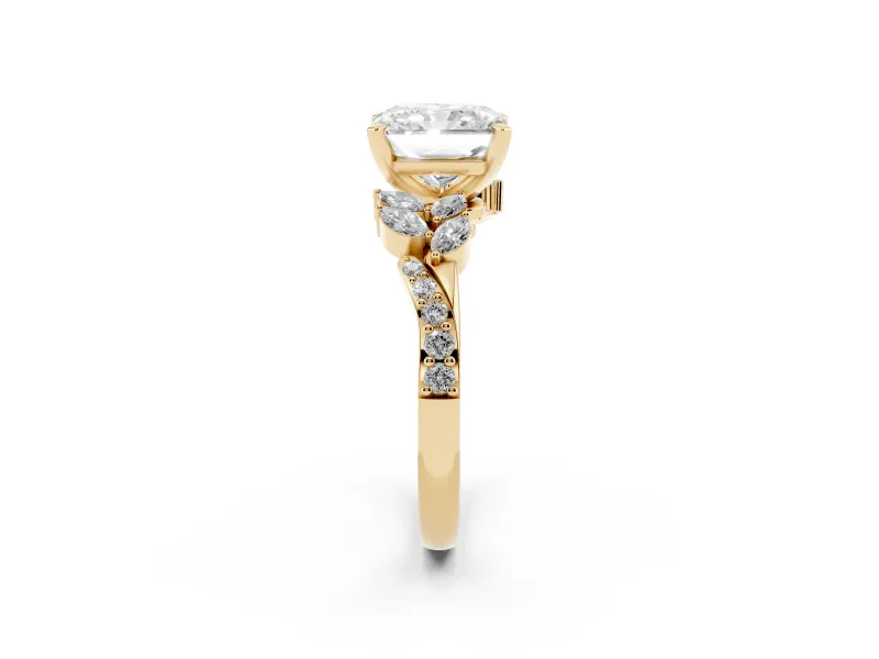 Radiant Cut Diamond Solitaire Ring Set in Yellow gold with Marquise Twist Band and Prong Setting