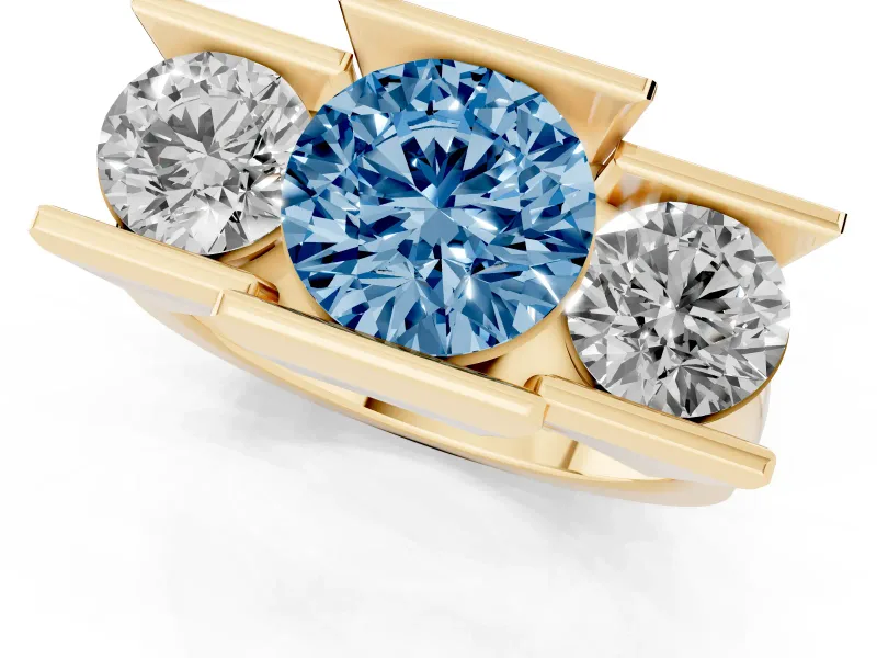 Fancy Blue Round Cut Diamond Three-Stone Channel Set Ring Set in Yellow gold with Smooth Polished Band