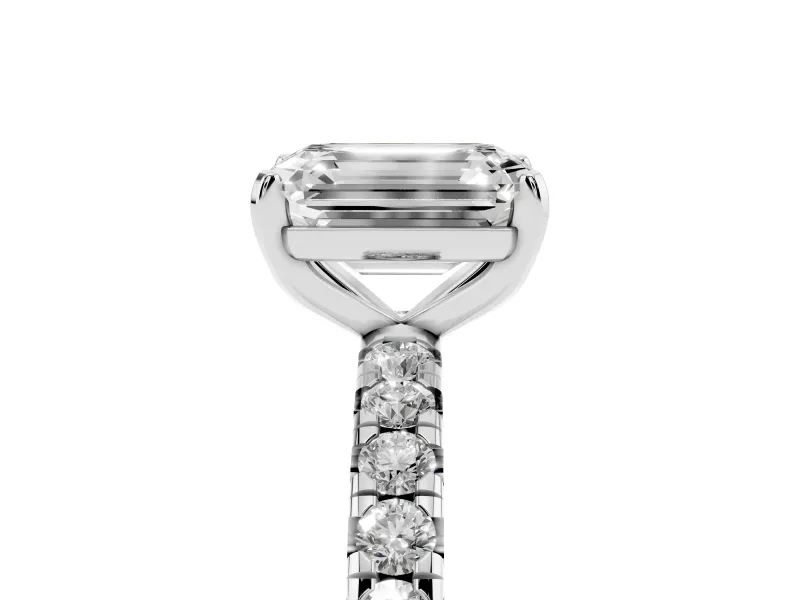 Emerald Cut Diamond Pavé Solitaire Ring Set in Platinum with Round Band and Prong Setting