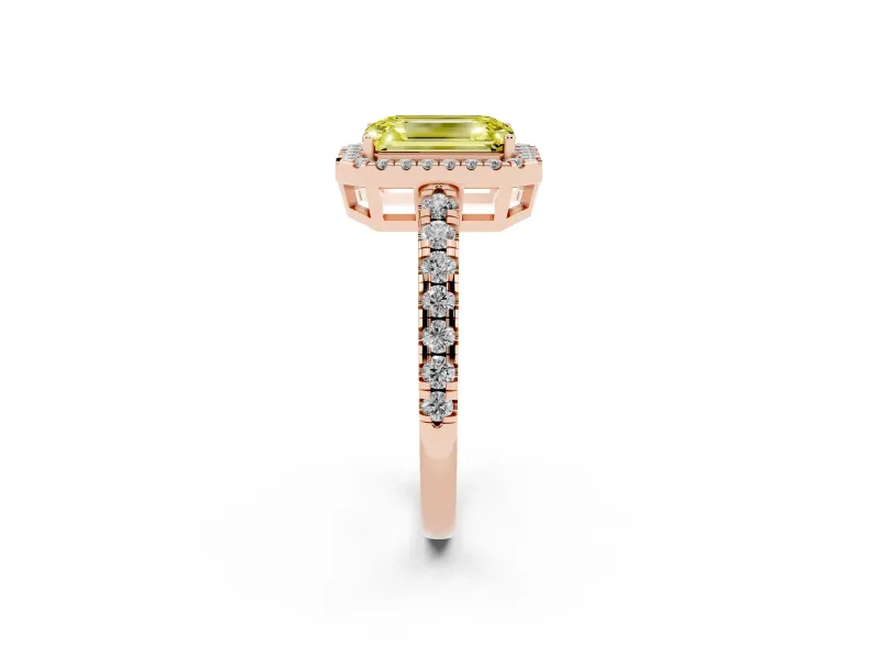 Emerald Cut Halo Engagement Ring Setting for a Fancy Yellow Lab-Grown Diamond | Graduated Pavé Band | Rose Gold