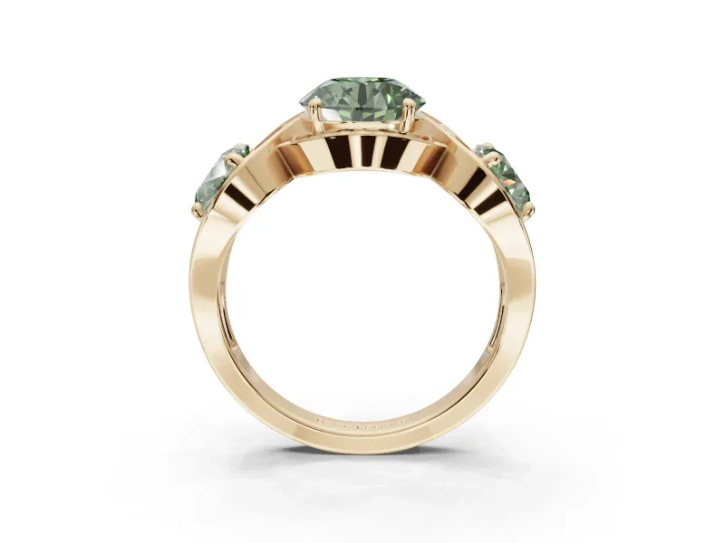 Round Three Stone Halo Engagement Ring Setting for a Fancy Green Lab-Grown Diamond | Pavé Wave Band | Yellow Gold