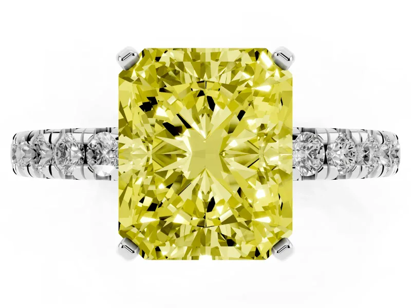 Fancy Yellow Radiant Cut Diamond Pavé Solitaire Ring Set in Silver with Round Band and Prong Setting