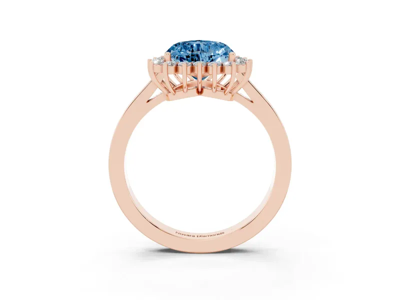 Fancy Blue Heart Cut Diamond Halo Ring Set in Rose gold with Round Halo and Smooth Solitaire Band