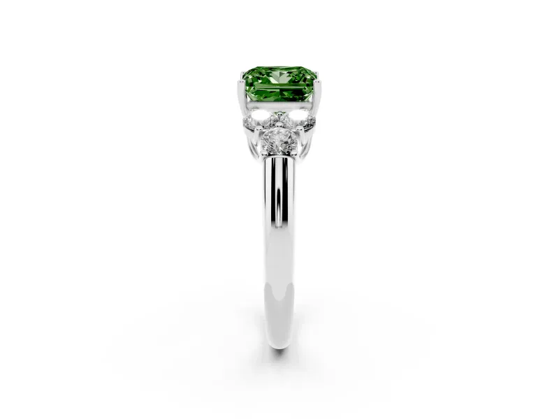 Fancy Green Princess Cut Diamond Cluster Ring Set in Silver with Round Accent Stones and Prong Setting on a Plain Band