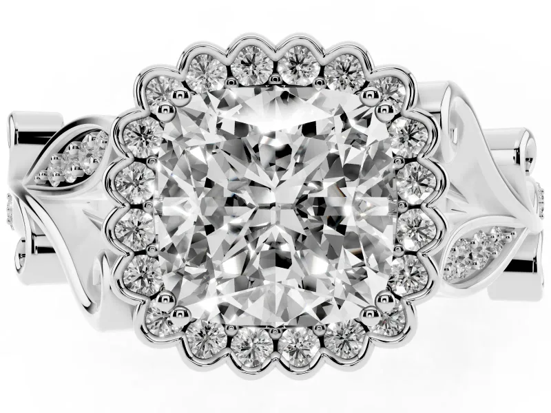 Cushion Cut Vintage Leaf Halo Engagement Ring Setting | Graduated Vine Shank | Platinum
