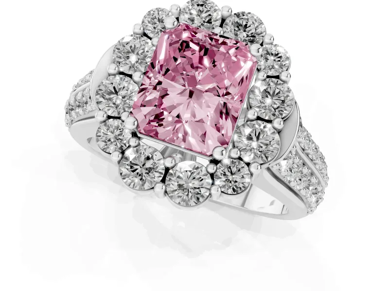 Fancy Pink Radiant Cut Diamond Halo Engagement Ring Set in White gold with Split Shank and Prong Setting