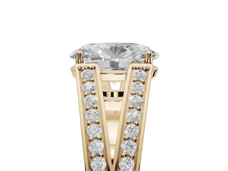 Oval Split Shank Pavé Engagement Ring Setting | Engraved Leaf Sides | Yellow Gold