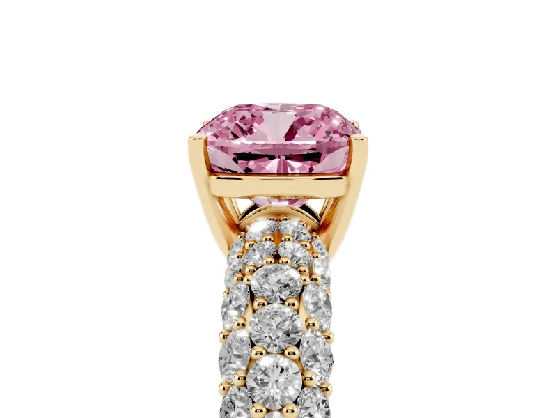 Cushion Cut Multi Row Pave Engagement Ring Setting for a Fancy Pink Lab-Grown Diamond | Yellow Gold