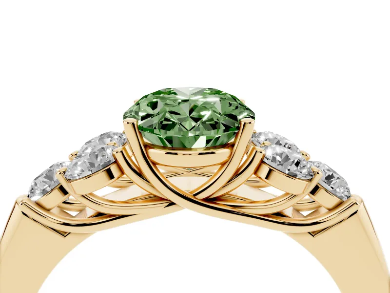 Fancy Green Oval Cut Diamond Cluster Ring Set in Yellow gold with Round Accent Stones and Prong Setting on a Plain Band