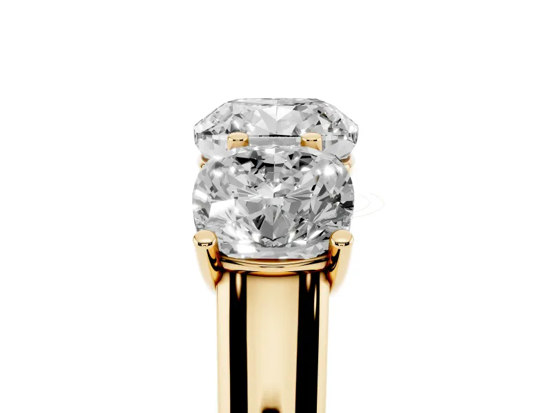 Cushion Cut Three Stone Engagement Ring Setting | Basket Prong Heads | Yellow Gold