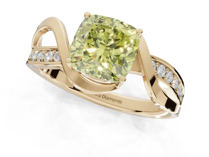 Cushion Cut Bypass Solitaire Engagement Ring Setting for a Fancy Yellow Lab-Grown Diamond | Pavé Strands | Yellow Gold