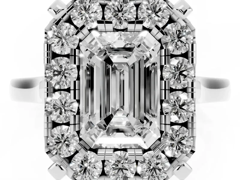 Emerald Cut Claw Corner Halo Engagement Ring Setting | Slim Plain Band | White Gold