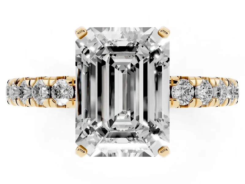 Emerald Cut Diamond Pavé Solitaire Ring Set in Yellow gold with Round Band and Prong Setting