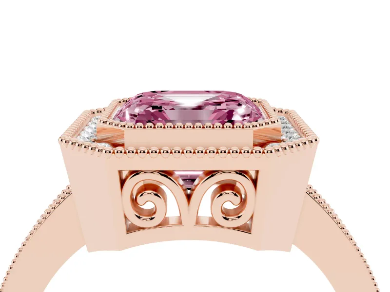 Fancy Pink Asscher Cut Diamond Halo Ring Set in Rose gold with Pavé Band and Milgrain-Edged Prongs