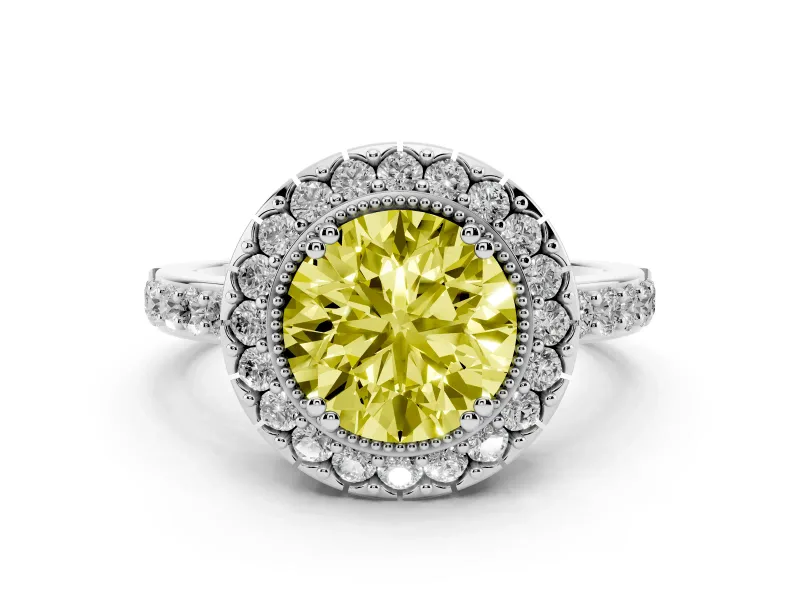 Fancy Yellow Round Cut Diamond Halo Ring Set in White gold with Pavé Shank and Prong Setting
