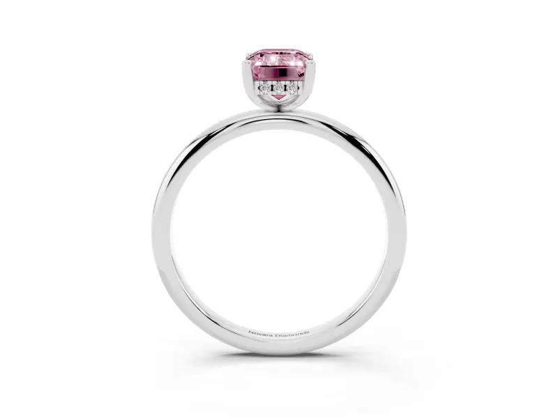 Fancy Pink Emerald Cut Diamond Solitaire Engagement Ring Set in White gold with Prong Setting and Polished Band